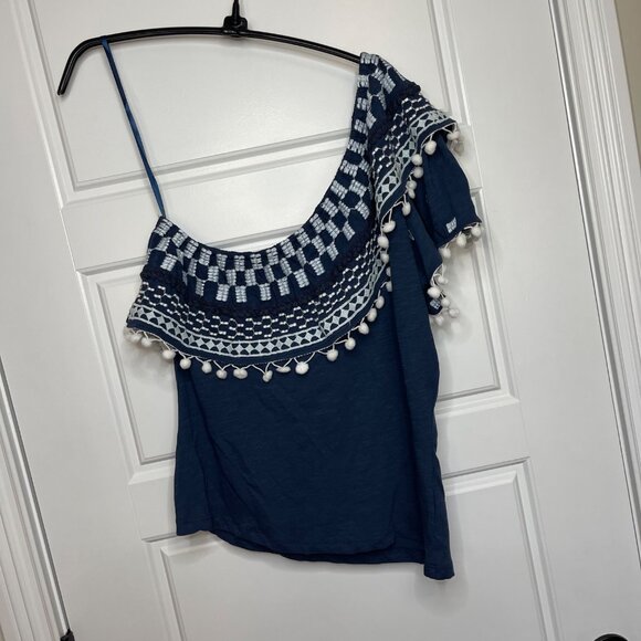 By Anthropologie Pom-Tassel One-Shoulder Top Women's Size Large Blue Cotton NEW - Picture 4 of 12
